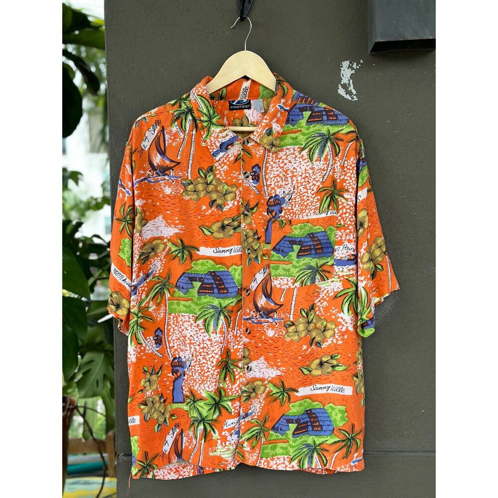 Protest Mens Large Hawaiian Shirt Orange Multicolor Rayon Tropical Tiki Paradise